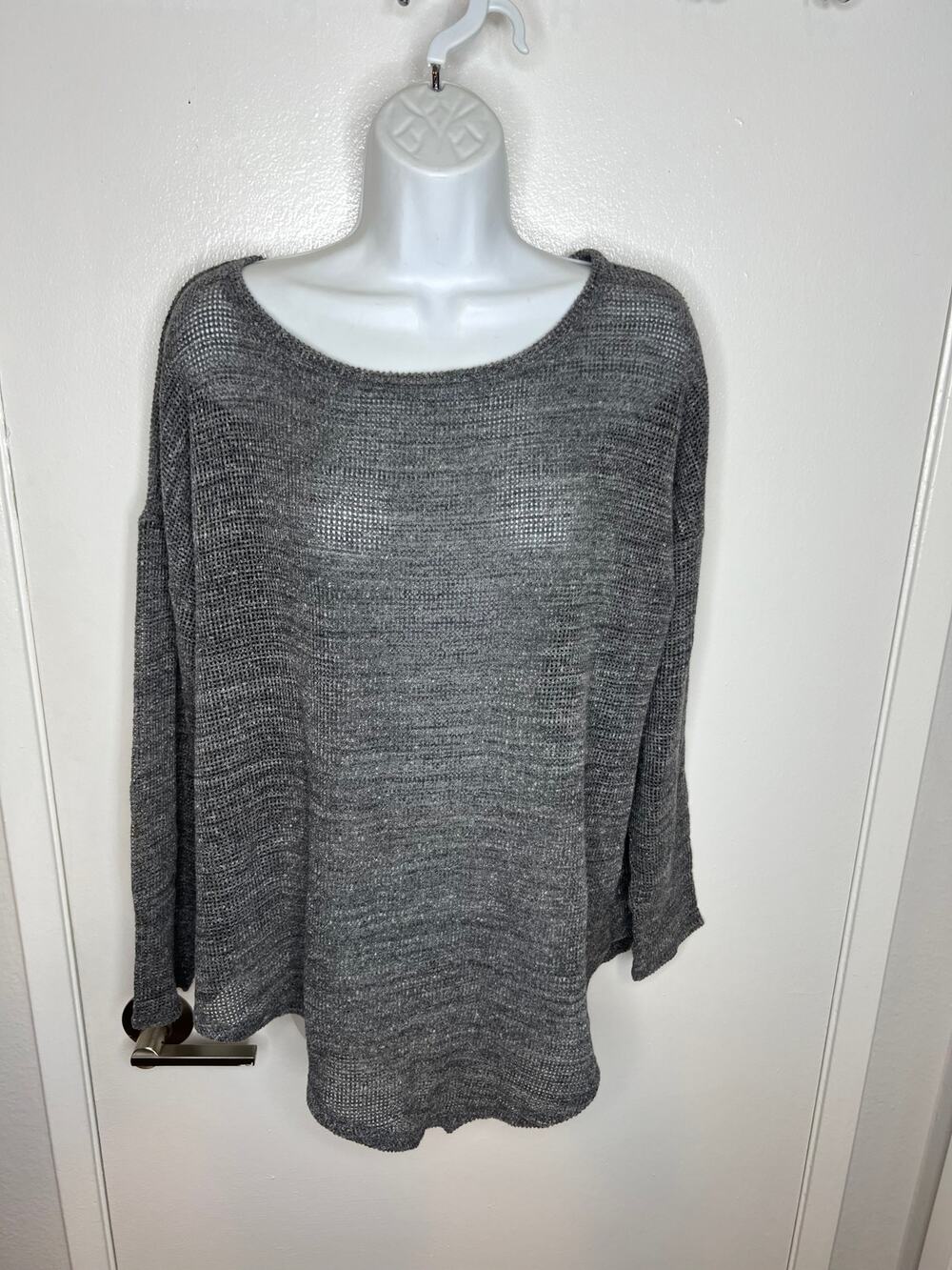 Eileen Fisher Women's Open Knit Asymmetrical Hem Sweater Grey ~ Size L